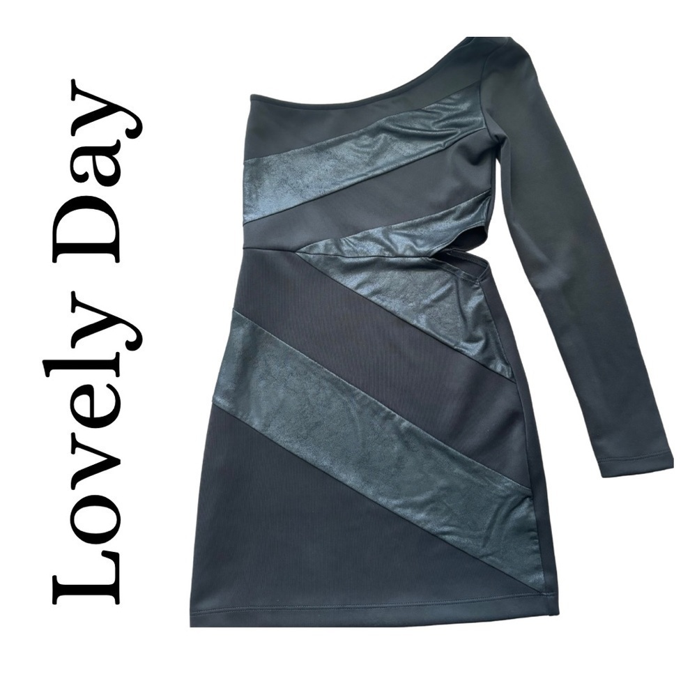 Lovely Day One Shoulder Side Cut Out Black/leather Block Dress| Medium